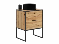 Online Mueble de Baño 60x45,5x80 cm Roble Artesanal y Negro – Estructura de Acero Macizo, Frentes Laminados y Tiradores Metálicos Marru00f3n