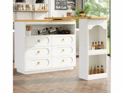ModernLuxe Mueble de bar de cocina extensible - y rotación 360° - 203x39x90 cm - 6 cajones - con estantes laterales -
