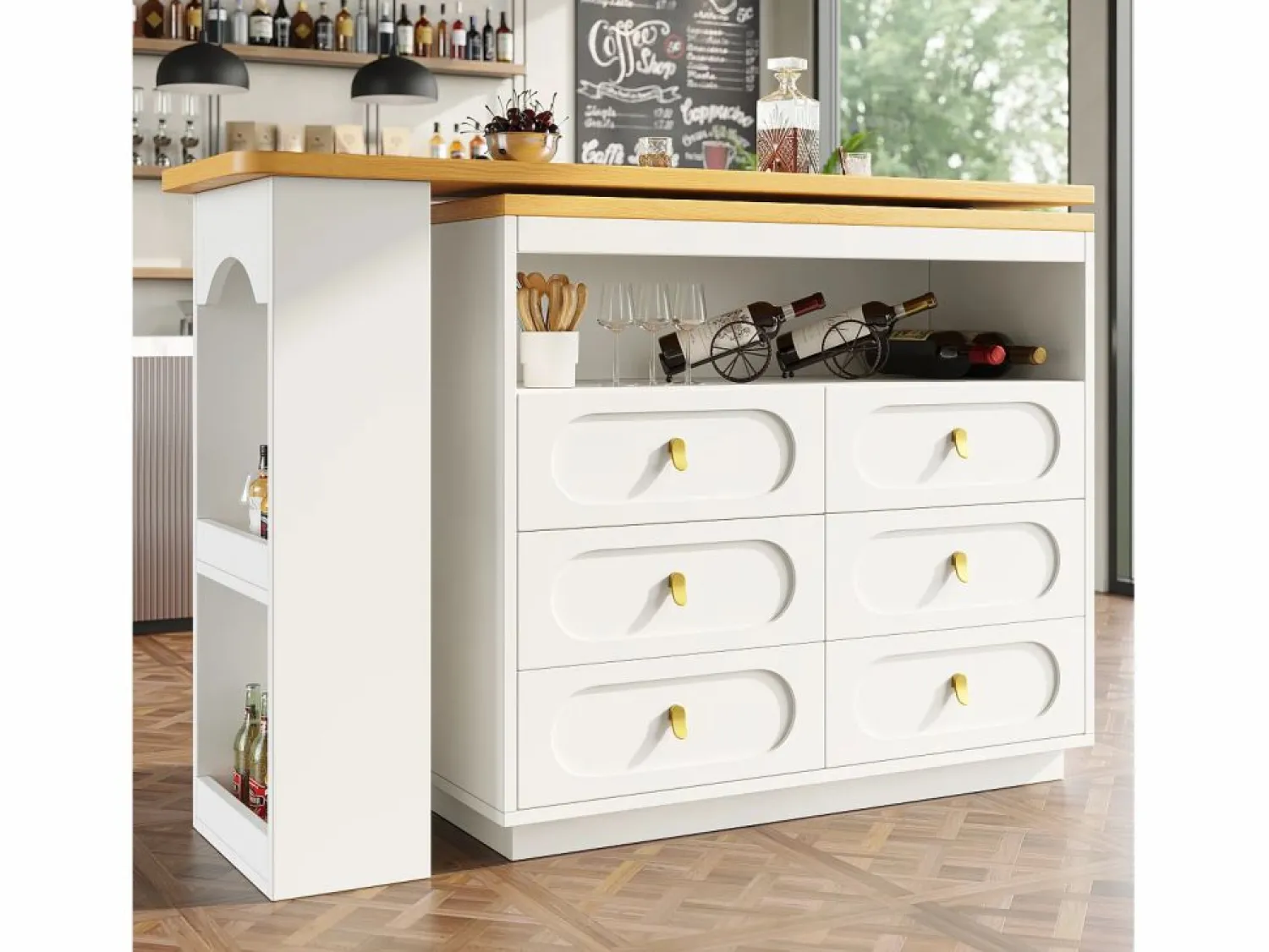 ModernLuxe Mueble de bar de cocina extensible - y rotación 360° - 203x39x90 cm - 6 cajones - con estantes laterales -