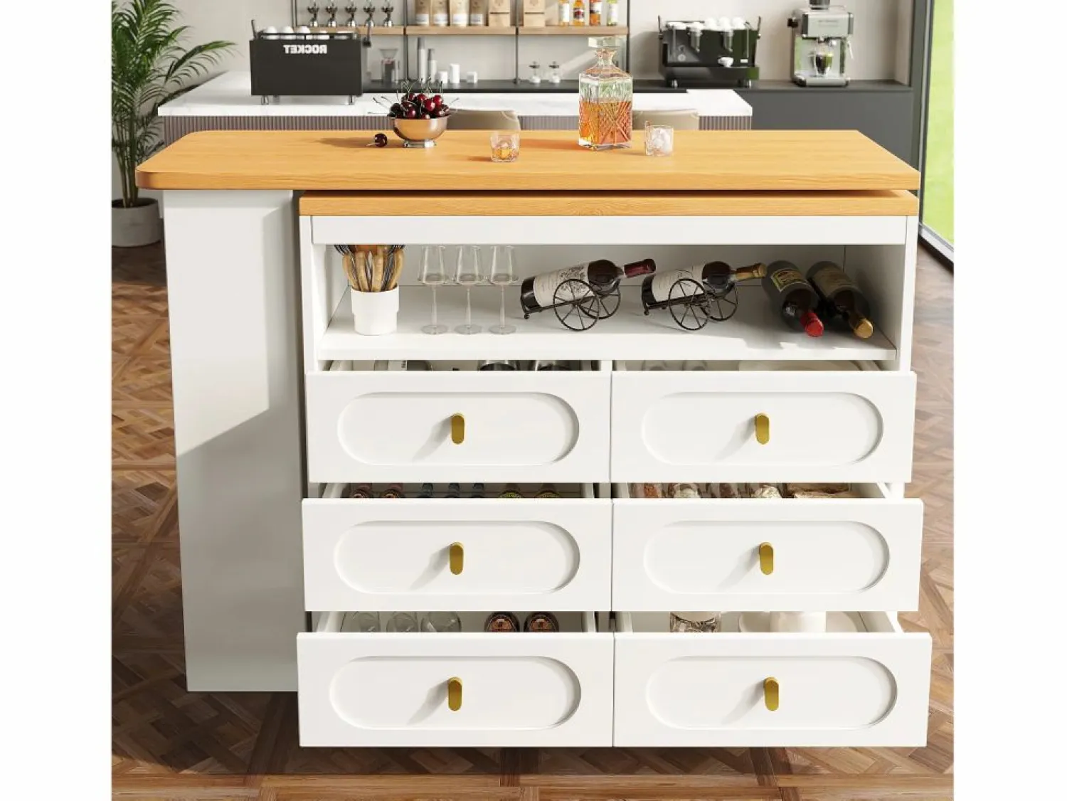 ModernLuxe Mueble de bar de cocina extensible - y rotación 360° - 203x39x90 cm - 6 cajones - con estantes laterales -
