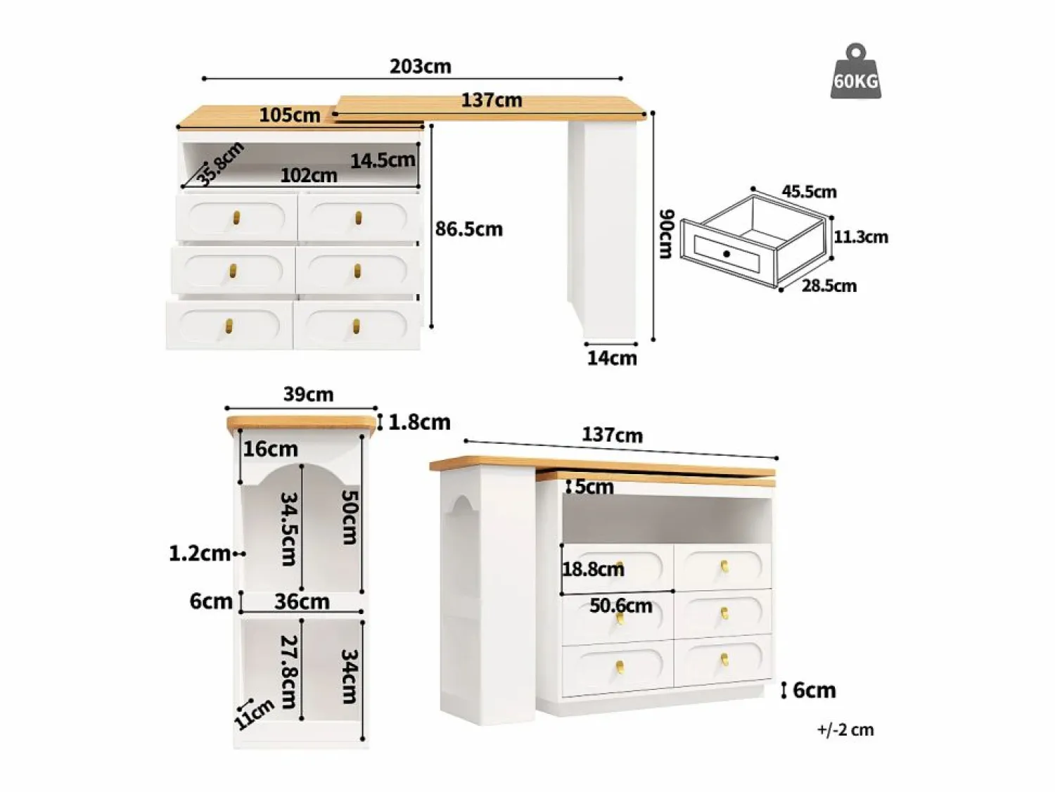 ModernLuxe Mueble de bar de cocina extensible - y rotación 360° - 203x39x90 cm - 6 cajones - con estantes laterales -