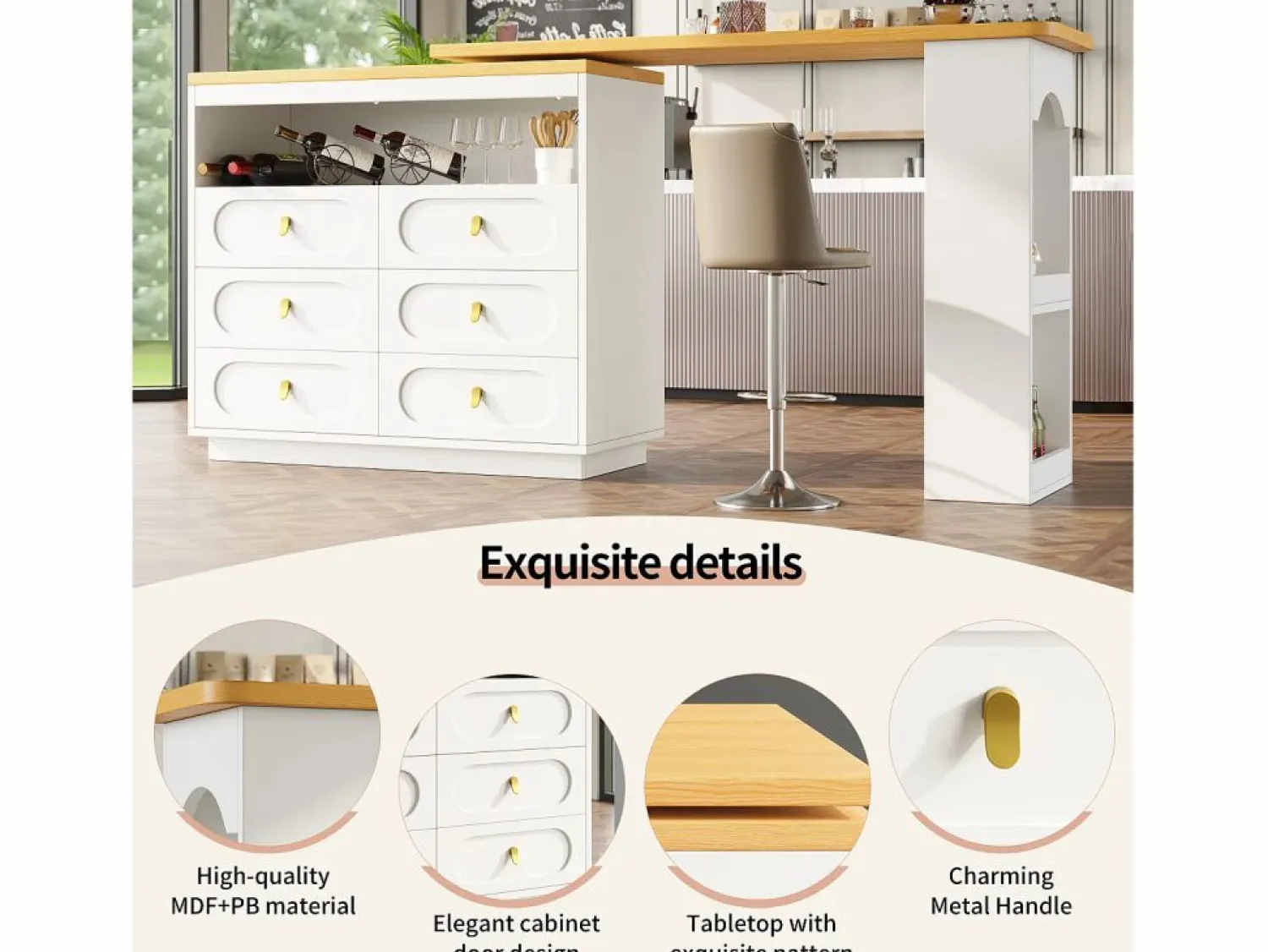 ModernLuxe Mueble de bar de cocina extensible - y rotación 360° - 203x39x90 cm - 6 cajones - con estantes laterales -