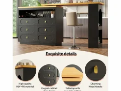 Sale ModernLuxe Mueble de bar de cocina extensible - y rotación 360° - 203x39x90 cm - 6 cajones - con estantes laterales - Negro