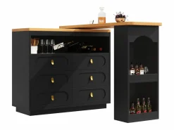 Sale ModernLuxe Mueble de bar de cocina extensible - y rotación 360° - 203x39x90 cm - 6 cajones - con estantes laterales - Negro