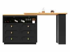 Sale ModernLuxe Mueble de bar de cocina extensible - y rotación 360° - 203x39x90 cm - 6 cajones - con estantes laterales - Negro