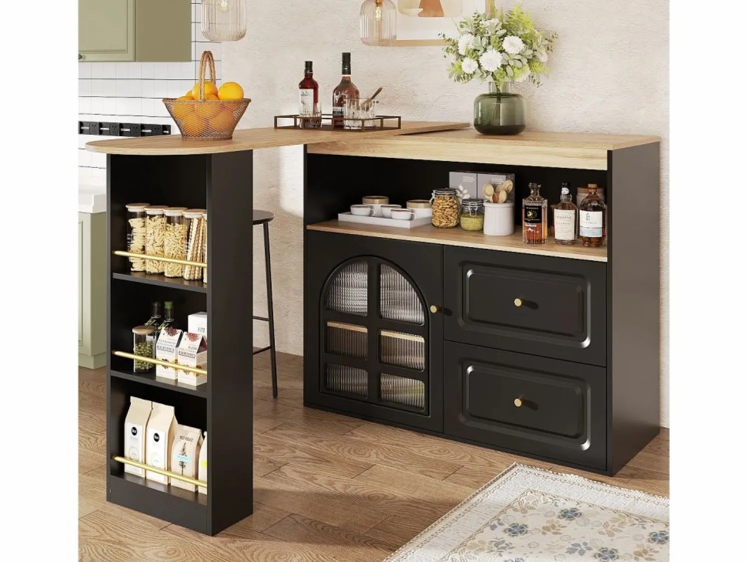 ModernLuxe Mueble de bar giratorio 360° y plegable - con 2 cajones y 1 puerta - estantes abiertos - + natural
