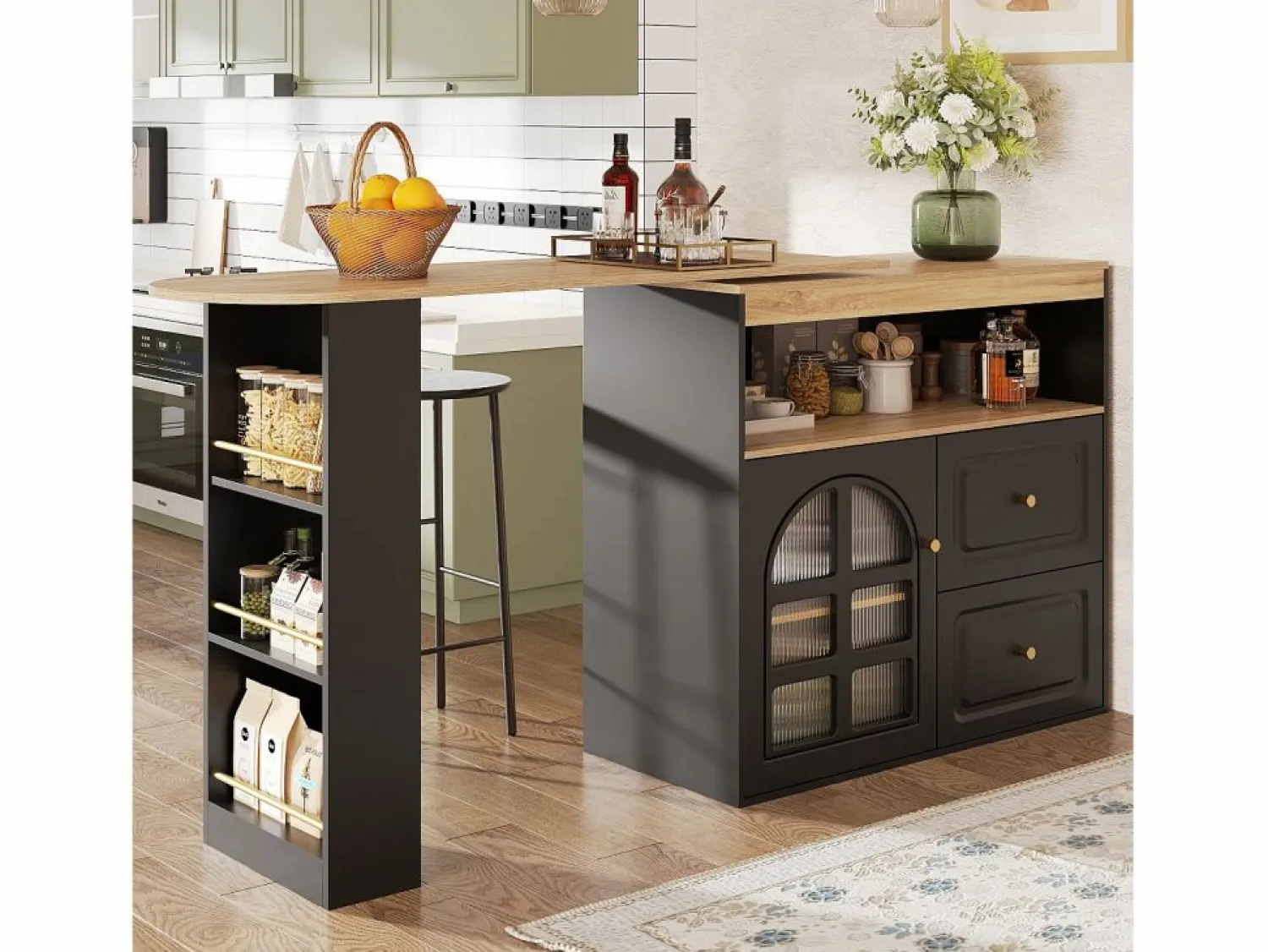 ModernLuxe Mueble de bar giratorio 360° y plegable - con 2 cajones y 1 puerta - estantes abiertos - + natural