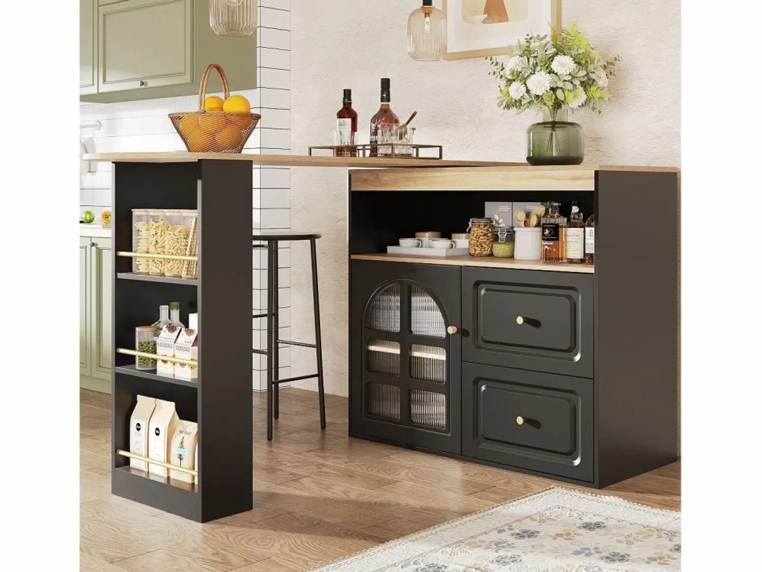 ModernLuxe Mueble de bar giratorio 360° y plegable - con 2 cajones y 1 puerta - estantes abiertos - + natural