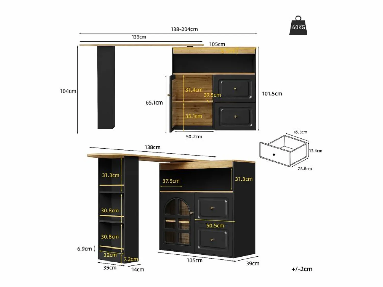 ModernLuxe Mueble de bar giratorio 360° y plegable - con 2 cajones y 1 puerta - estantes abiertos - + natural