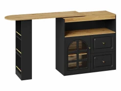 ModernLuxe Mueble de bar giratorio 360° y plegable - con 2 cajones y 1 puerta - estantes abiertos - + natural