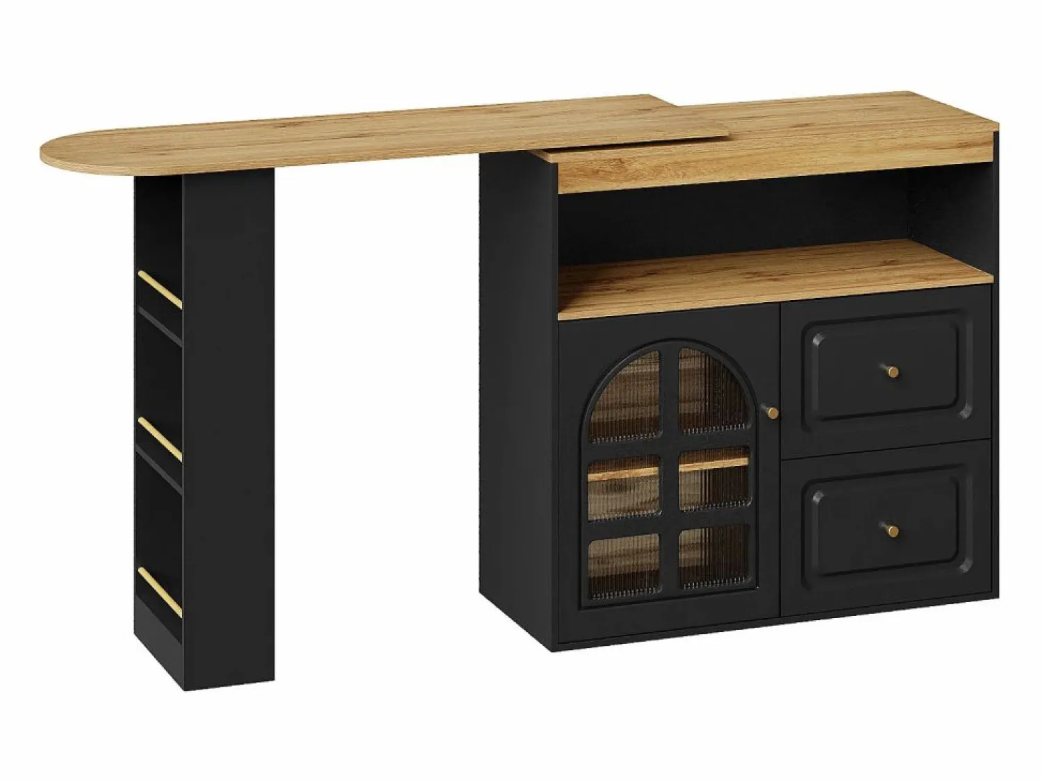 ModernLuxe Mueble de bar giratorio 360° y plegable - con 2 cajones y 1 puerta - estantes abiertos - + natural