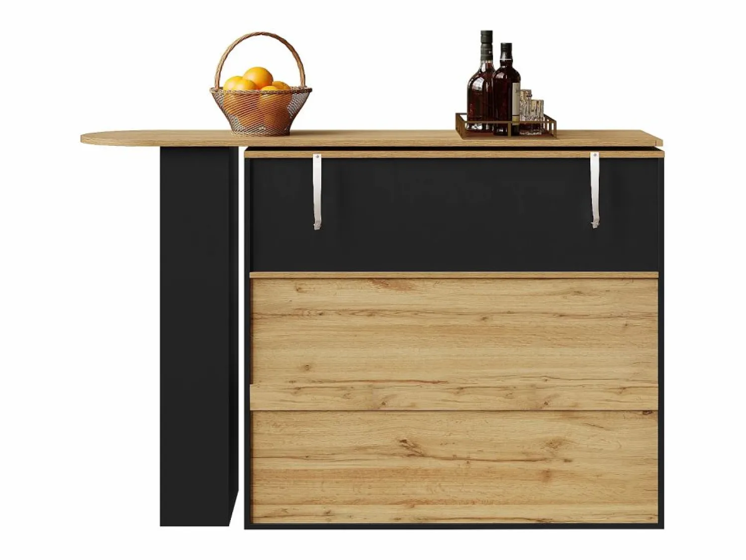 ModernLuxe Mueble de bar giratorio 360° y plegable - con 2 cajones y 1 puerta - estantes abiertos - + natural
