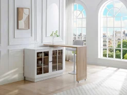 Sale Mueble de bar giratorio con almacenamiento de MDF, vidrio templado - Blanco y natural - ARAMETA Muebles De Bar|Mueble Bar