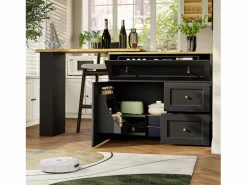 Outlet ModernLuxe Mueble de bar giratorio moderno 360° - 204×39×105 cm - 2 cajones y 2 puertas - con estantes laterales - mesa extensible - Negro