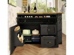 Outlet ModernLuxe Mueble de bar giratorio moderno 360° - 204×39×105 cm - 2 cajones y 2 puertas - con estantes laterales - mesa extensible - Negro