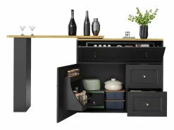 Outlet ModernLuxe Mueble de bar giratorio moderno 360° - 204×39×105 cm - 2 cajones y 2 puertas - con estantes laterales - mesa extensible - Negro