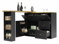 Outlet ModernLuxe Mueble de bar giratorio moderno 360° - 204×39×105 cm - 2 cajones y 2 puertas - con estantes laterales - mesa extensible - Negro