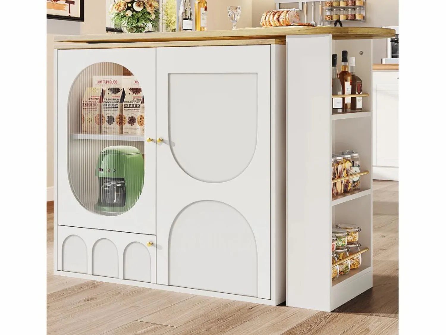 Clearance Mueble de bar giratorio y abatible 360° - 204×39×105 cm - 3 puertas - estantes abiertos - Mueble Bar