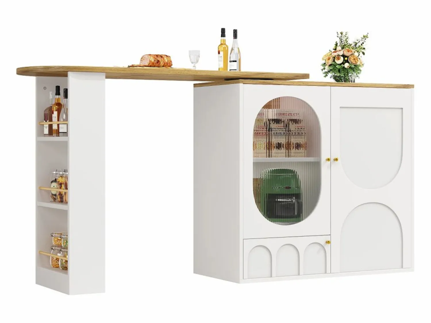 Clearance Mueble de bar giratorio y abatible 360° - 204×39×105 cm - 3 puertas - estantes abiertos - Mueble Bar
