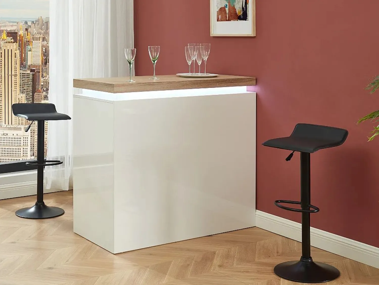Vente-unique Mueble de bar luminosos - MDF lacado blanco - LEDs - Blanco y roble. HALO II