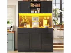 ModernLuxe Mueble de cocina - 120x40x183 cm - 2 puertas y 8 cajones - portavasos de vino - con iluminación LED y toma de corriente -