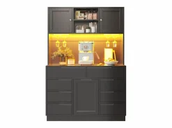 ModernLuxe Mueble de cocina - 120x40x183 cm - 2 puertas y 8 cajones - portavasos de vino - con iluminación LED y toma de corriente -