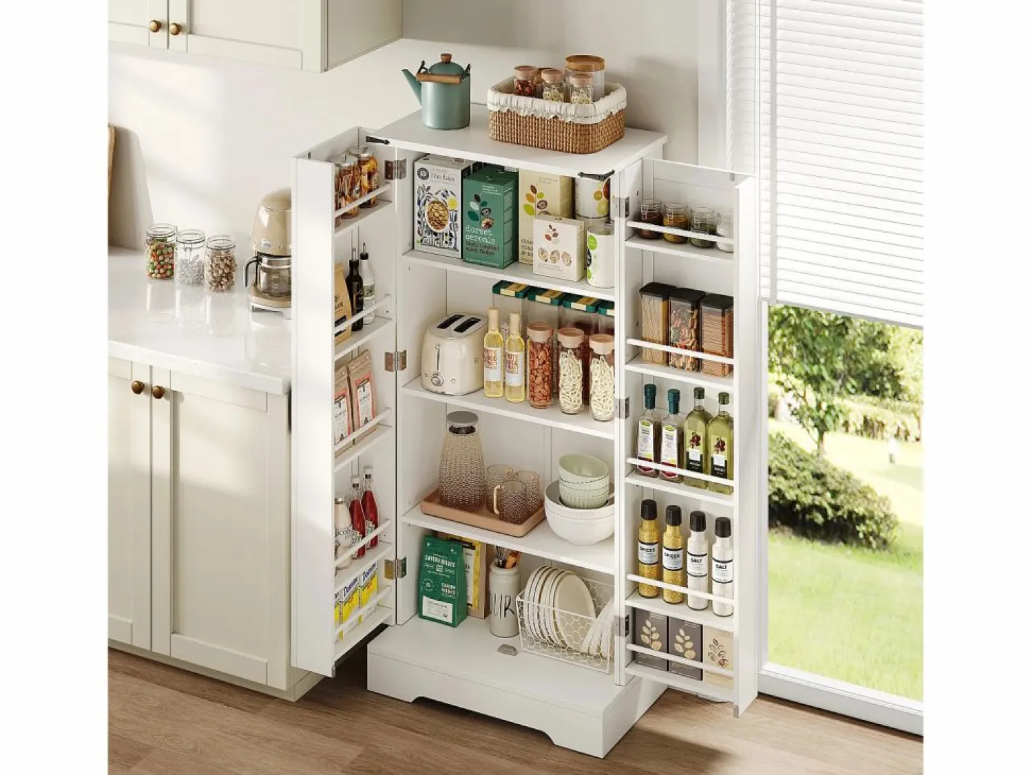 Merax Mueble de Cocina, Aparador Alto de Cocina - 2 Puertas - 60 x 35 x 128,5 - Estantes Regulables - MDF -