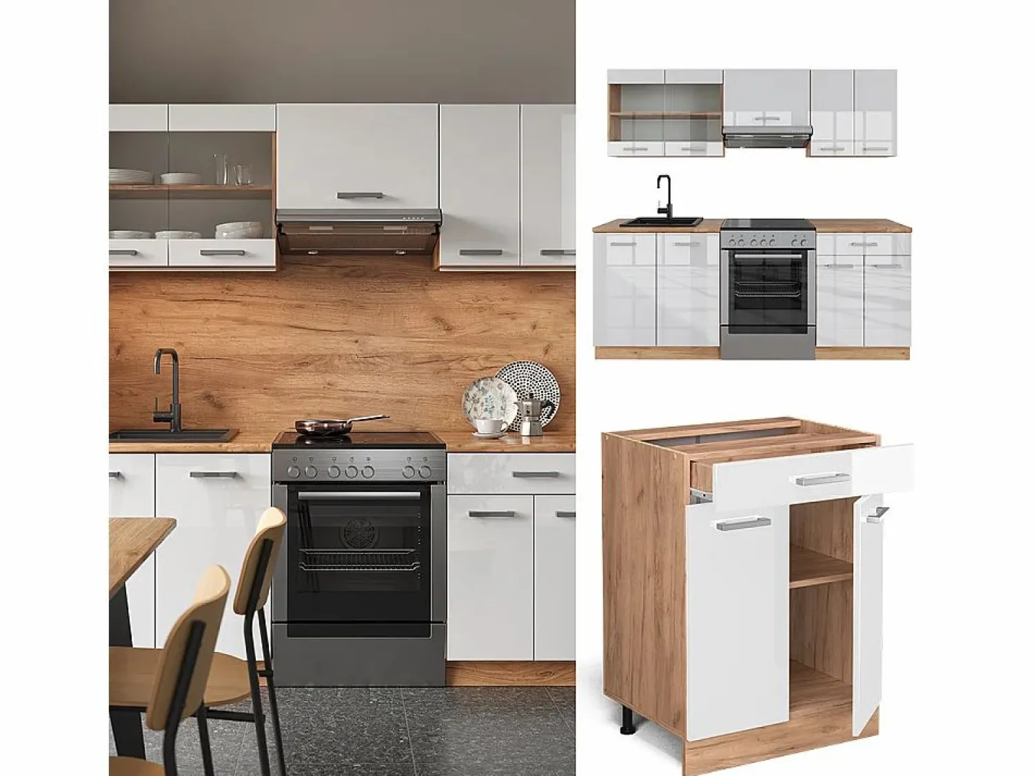 Best Vicco Mueble de cocina blanco brillo intenso/roble dorado 200x46x81.6 r-line Color natural oscuro