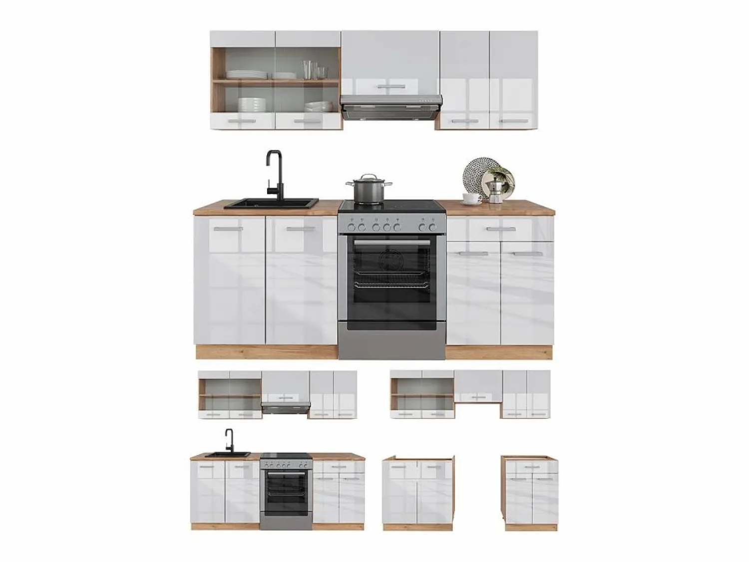Best Vicco Mueble de cocina blanco brillo intenso/roble dorado 200x46x81.6 r-line Color natural oscuro