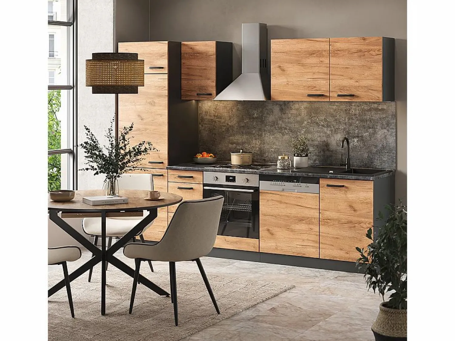 Outlet Mueble de cocina oro power roble/antracita 270x57.1x81.6 optima Cocina Completa