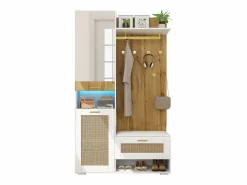 Sale Mueble de entrada multifuncional con espejo, iluminación LED de 16 colores, MDF y tablero de partículas, y madera (110x38x190cm) Perchero