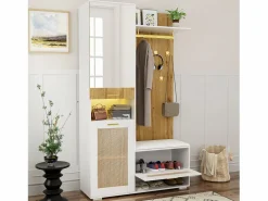 Sale Mueble de entrada multifuncional con espejo, iluminación LED de 16 colores, MDF y tablero de partículas, y madera (110x38x190cm) Perchero