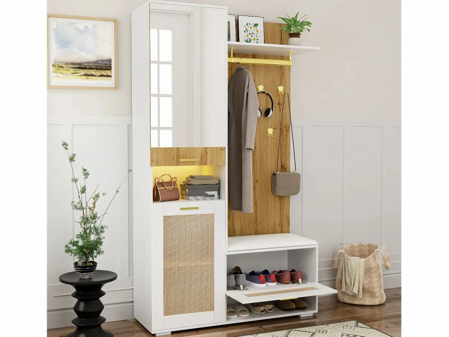 Sale Mueble de entrada multifuncional con espejo, iluminación LED de 16 colores, MDF y tablero de partículas, y madera (110x38x190cm) Perchero