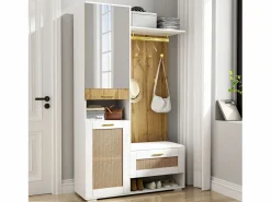 Sale Mueble de entrada multifuncional con espejo, iluminación LED de 16 colores, MDF y tablero de partículas, y madera (110x38x190cm) Perchero