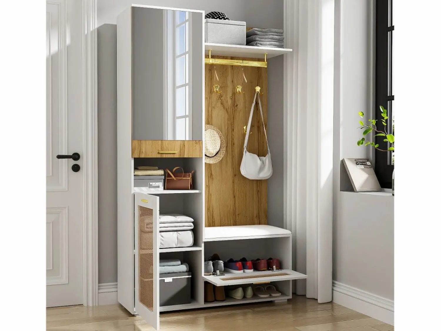 Sale Mueble de entrada multifuncional con espejo, iluminación LED de 16 colores, MDF y tablero de partículas, y madera (110x38x190cm) Perchero