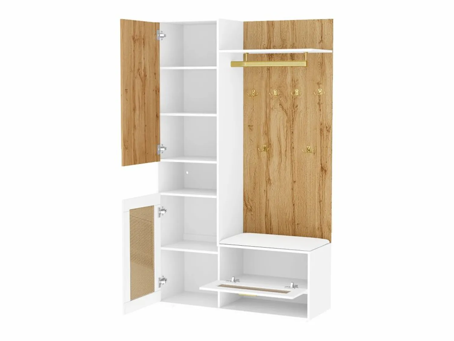 Sale Mueble de entrada multifuncional con espejo, iluminación LED de 16 colores, MDF y tablero de partículas, y madera (110x38x190cm) Perchero