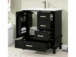 Best Merax Mueble de lavabo de pie de cerámica individual - 73 x 45,5 x 83,5 cm - con cajones y puertas - Cerámica y MDF - (Grifo no incluido) Negro