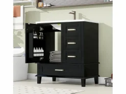 Best Merax Mueble de lavabo de pie de cerámica individual - 73 x 45,5 x 83,5 cm - con cajones y puertas - Cerámica y MDF - (Grifo no incluido) Negro