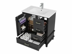 Best Merax Mueble de lavabo de pie de cerámica individual - 73 x 45,5 x 83,5 cm - con cajones y puertas - Cerámica y MDF - (Grifo no incluido) Negro