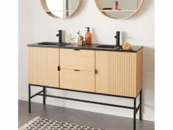 New Mueble de lavabo doble STUDIO roble 140cm sobre patas con encimera de lavabo de resina Negro