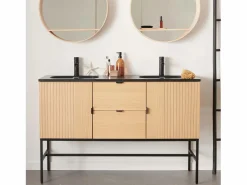 New Mueble de lavabo doble STUDIO roble 140cm sobre patas con encimera de lavabo de resina Negro