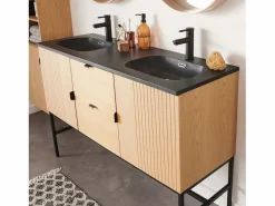 New Mueble de lavabo doble STUDIO roble 140cm sobre patas con encimera de lavabo de resina Negro