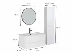Mueble de lavabo individual de 80cm con encimera de cerámica, grifería, espejo y columna SORRENTO