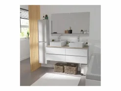 Sale Mueble de pared SORRENTO de 120 cm con doble fregadero y encimera de madera Blanco