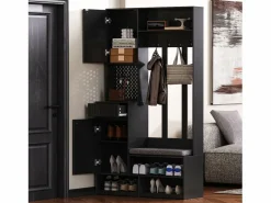 Mueble de recibidor con banco, perchero, estantes y cajones, 4 ganchos, 1 puerta, blanco, (100x35x180 cm)