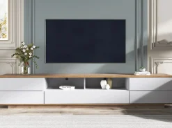 ModernLuxe Mueble de televisión escandinavo contemporáneo de 180 cm en madera - 5 puertas + 8 compartimentos - Natural y blanco