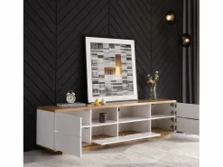 ModernLuxe Mueble de televisión escandinavo contemporáneo de 180 cm en madera - 5 puertas + 8 compartimentos - Natural y blanco