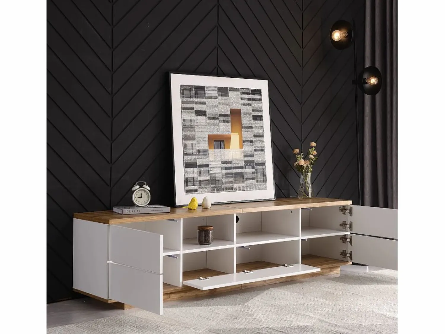 ModernLuxe Mueble de televisión escandinavo contemporáneo de 180 cm en madera - 5 puertas + 8 compartimentos - Natural y blanco