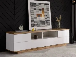 ModernLuxe Mueble de televisión escandinavo contemporáneo de 180 cm en madera - 5 puertas + 8 compartimentos - Natural y blanco