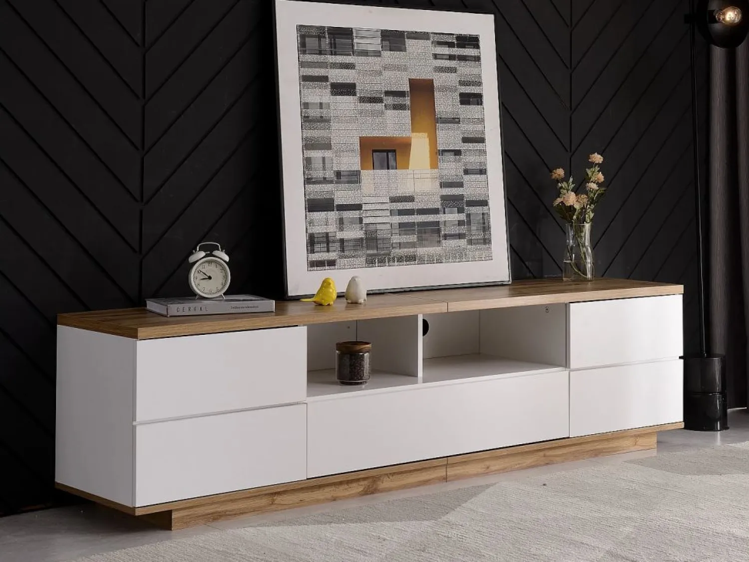 ModernLuxe Mueble de televisión escandinavo contemporáneo de 180 cm en madera - 5 puertas + 8 compartimentos - Natural y blanco